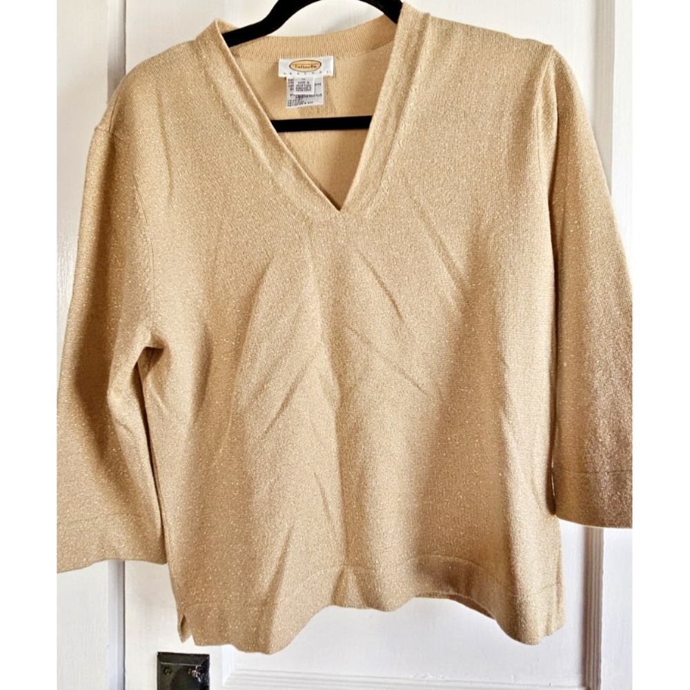 Vtg Talbots V neck 3/4 sleeves metallic tan sweater wool silk cashmere Sz PM